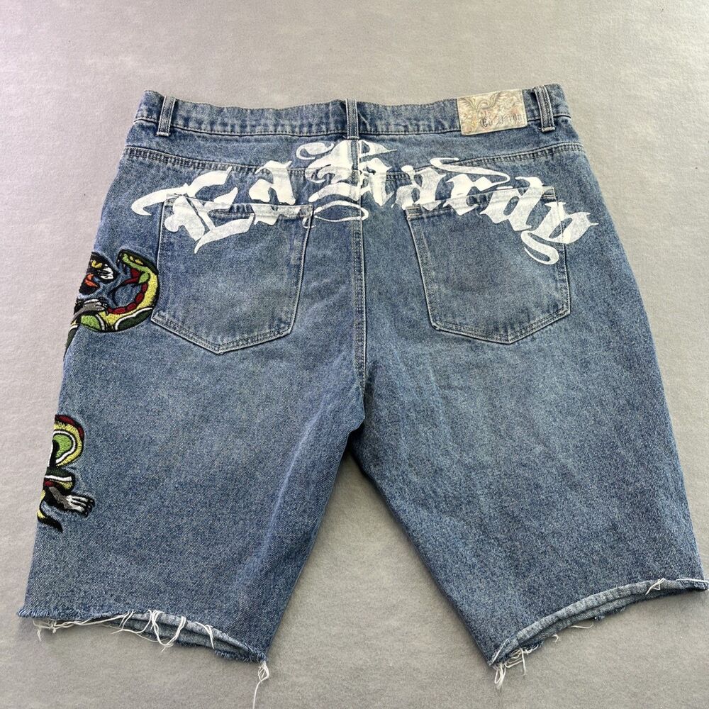 Ed Hardy Christian Audigier Jean Shorts Embroidered Snake Panther 38 Vintage Y2K